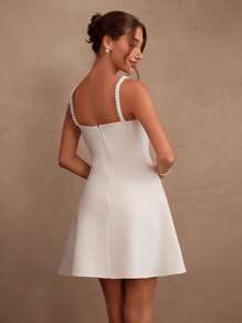 Anewsta Savoree Women's Elegant White Pearl Chain Detail Spaghetti Strap Fitted Dress, Classy & Simple Luxury Fashion Cocktail Party Dress, Suitable For Summer, Beach, Festival, Holiday - White - View 2