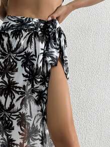 Swim Vcay 1 件女式长袖雪纺印花沙滩罩衫，黑白棕榈树图案，夏季 - 黑與白 - 查看 5