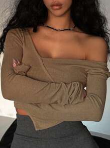 DAZY Damen T-Shirt mit quadratischem Ausschnitt, Off-Shoulder Design und kurzen Glockenärmeln, Y2K Streetwear Langarm Damen Oberteil