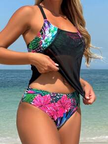 Swim Lushoire 女士粉色和绿色热带花卉印花、网眼覆盖、锁孔形后背吊带背心比基尼上衣、海滩度假装、春夏新品两件套泳装女士泳衣女士泳衣女士连体泳衣女士上衣女士比基尼泳装 - 彩色 - 查看 4
