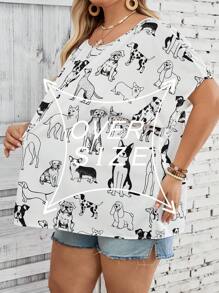 SHEIN CURVE+ Plus Size Dog & Bat Print Relaxed Casual Shirt For Vacation