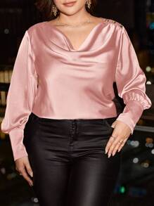 SHEIN Clasi Plus Size Women's Luxurious Satin Flare Collar Long Sleeve Blouse For Party, Autumn - Pink - View 1