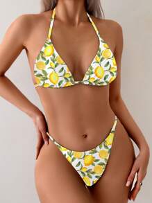 Women's Summer Lemon Print Halter Neck Bikini Set - Multicolor - View 3