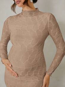 MaterniChic Pregnant Women Elegant Solid Color Textured Long Sleeve Bodycon Dress - Khaki - View 3