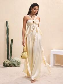 BY FELIZIA Pantalones elegantes de cintura alta, pernera ancha y plisados en satén color albaricoque sólido - Albaricoque - Ver 1