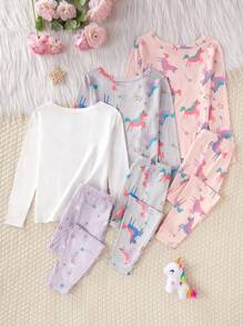 3件套少女独角兽印花简约全身印花紧身裤和长袖舒适家居服套装 - 彩色 - 查看 2