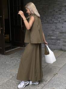 Livesso 女士休闲圆领无袖宽松衬衫和高腰半身裙两件套，夏季乡村风格，返校服装