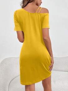 SHEIN LUNE 情人节不对称单肩黑色褶皱女式连衣裙 - 黃色 - 查看 2