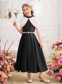 SHEIN Leap Crew 青少年女孩优雅别致拼色拼接背心裙，立领，长款 - 黑與白 - 查看 10