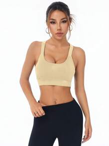 Easithlete 女士纯色交叉后背日常健身运动文胸 - 卡其色 - 查看 5