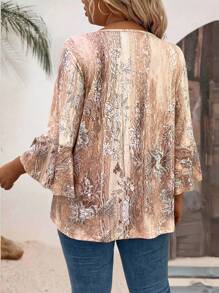 大码女式休闲数码印花甜心领 3/4 袖 T 恤图案 T 恤女式上衣 - 杏色 - 查看 2