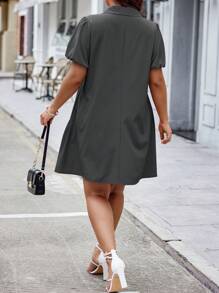 Calvaya Plus Size Summer Solid Color Button Front Puff Sleeve Dress - Dark Grey - View 2