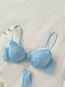 Swim Mod Women Daisy Pattern Decorative Sexy Bikini Swimsuit Set, Summer Beach - Blue and White - View 5