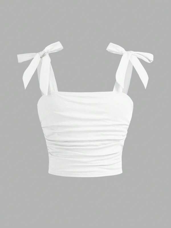 SHEIN Tween Girl Elegant Solid Fitted Sweet Bow-Knot Tie Shoulder Side Ruched Cami Tank Top