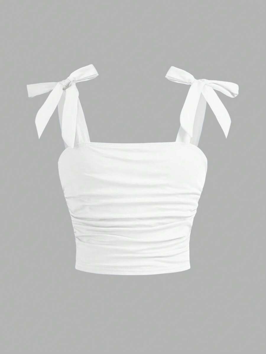 Tween Girl Elegant Solid Fitted Sweet Bow-Knot Tie Shoulder Side Ruched Cami Tank Top