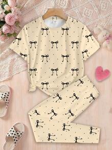 SHEIN 波尔卡圆点蝴蝶结印花，米色，青少年女孩休闲简约短袖上衣和裤子家居服，紧身剪裁，春夏 - 彩色 - 查看 2