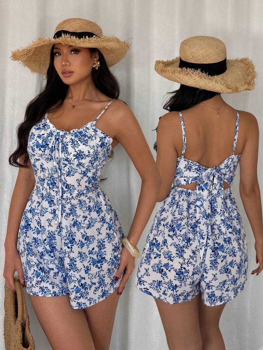 Breezaya Bộ đồ liền thân họa tiết hoa nhỏ màu xanh lam ôm sát, dây nơ phong cách kỳ nghỉ dành cho nữ - Màu xanh lam - Xem 1