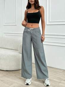 SHEIN Cottnline Women's Solid Drawstring Low Waist Parachute Pants - Grey - View 3