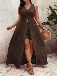 SHEIN Holidaya Plus Size Vacation Casual Solid Color Sleeveless Long Top & Shorts 2pcs Set - Brown - View 4