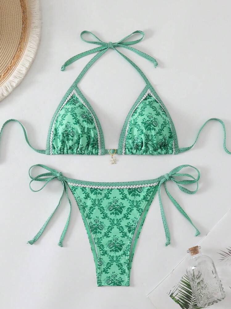 Swim Mod 女士随机印花露背沙滩度假比基尼套装，夏季 - 綠色 - 查看 1