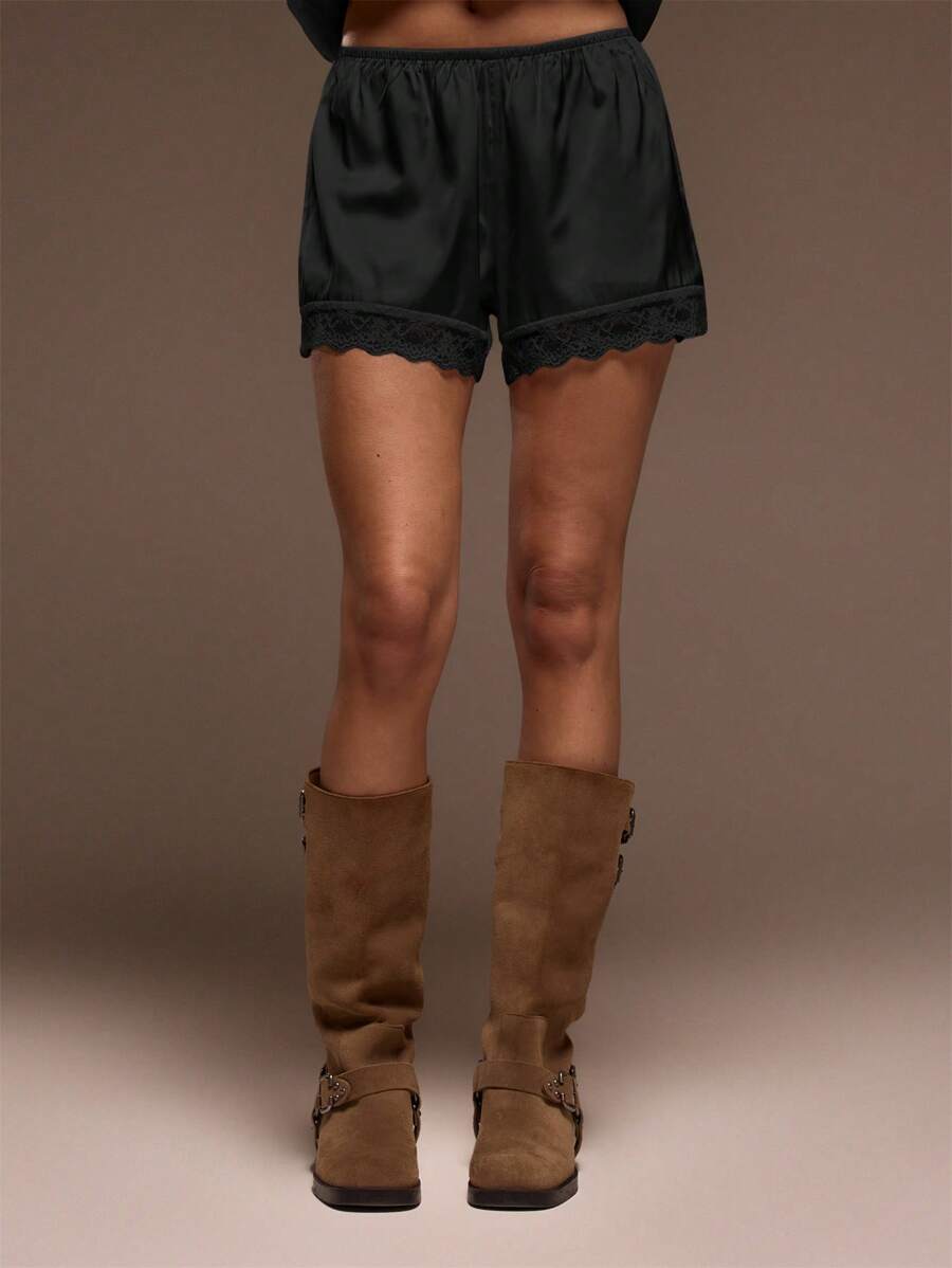 MUSERA Elasticated Satin Pull On Lace Trim Shorts Cute Summer Vacation Boho Summer Cute ,   Pants Spring - Black - View 1