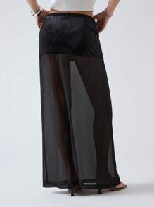 LYSMO Falda midi semitransparente de unicolor a bloques de color para mujer - Negro - Ver 2
