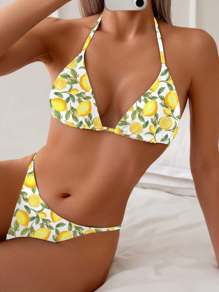 Women's Summer Lemon Print Halter Neck Bikini Set - Multicolor - View 1