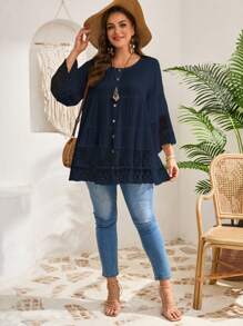 EMERY ROSE 大码女式早春款 3/4 袖白色蕾丝衬衣 - 藏蓝色 - 查看 4