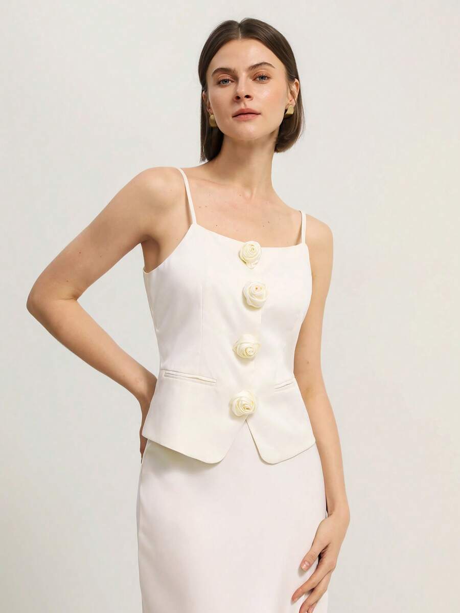 BELROSIE Minimalist Romantic Rose Decor Women's Slim Fit Sleeveless Crop Spaghetti Strap Top With Square Neckline Elegant FashionableOld Money Style - Beige - View 1