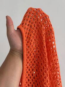 Maweii Plus Size Women Openwork Sweater Top & Openwork Skirt Elegant Vacation Knit Set - Orange - View 7