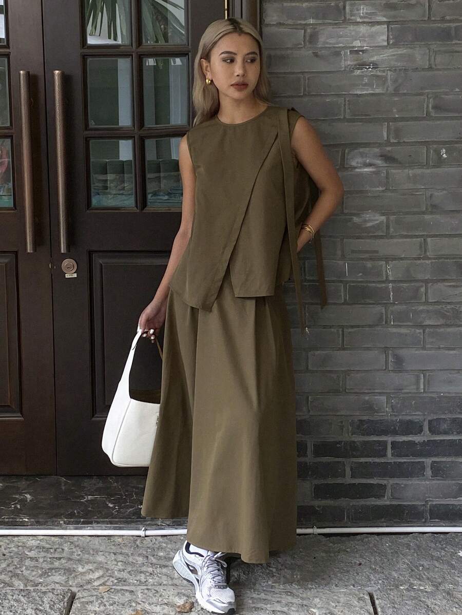 Livesso 女士休闲圆领无袖宽松衬衫和高腰半身裙两件套，夏季乡村风格，返校服装