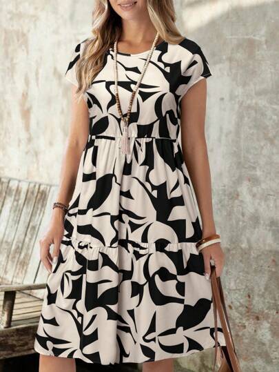 EMERY ROSE Vestido casual corto de manga corta y cuello redondo con estampado geométrico para mujer, para primavera/verano