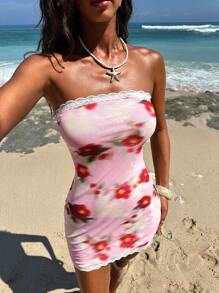 Opulessa Women's Beach Fitted Knit Printed Mesh Mini Tube Dress - Pink - View 3