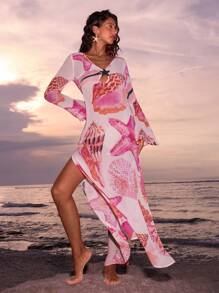 Opulessa Printed V-Neck Long Sleeve Dress For Women,Bohemia - Pink - View 3