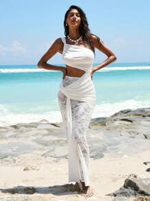 Opulessa 女士纯色针织修身抹胸连衣裙和低腰半身裙两件套 - 白色 - 查看 5