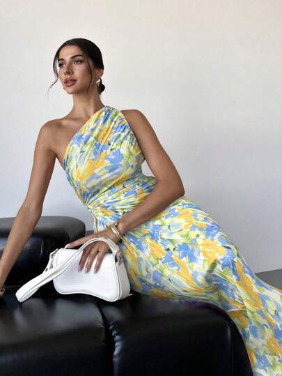 Firerie Women's Elegant Tie-Dye Floral Print Pleated One Shoulder Hollow Drawstring Mid-Length Vacation Beach Dress, Summer,Summer Dresses For Women