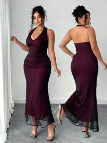 SHEIN PETITE 网眼双层吊带长款修身鱼尾连衣裙，优雅大码和娇小女性，夏季