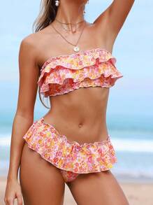Swim Mod Conjunto de bikini tipo bandeau con estampado floral para mujer, traje de baño casual de vacaciones con falda corta de talle bajo
