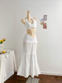 Soleia 波西米亚风、波西米亚风、浪漫花卉、度假、花卉 7 月 4 日服装夏季两件套狂欢服装节日跨年夜服装/风骚服装寒冷天气服装/滑冰服装约会夜服装度假服装女士女士浪漫田园风两件套，白色针织钩针装饰露背上衣和扭腰紧身裙，女士服装 2 件套，两件套夏季套装，度假两件套，圣帕特里克节，女士白色服装，太阳裙，乡村音乐会服装，狂欢，白色