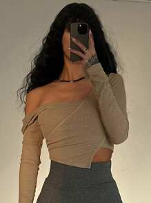 DAZY Damen T-Shirt mit quadratischem Ausschnitt, Off-Shoulder Design und kurzen Glockenärmeln, Y2K Streetwear Langarm Damen Oberteil