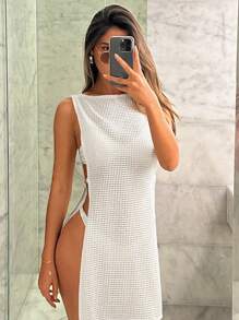 SHEIN Swim Women's Ins Influencer Metal Buckle Waist Cinching Beige Casual Dress With Coverup, Sexy, Elegant, Suitable For Spring, Summer, Vacation, Beach, Party, Boho