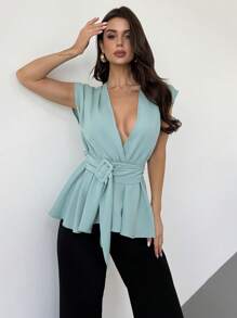 Firerie Women's Elegant Mint Green Summer Solid Color Ruched Waist Metal Buckle Bodycon Blouse,Minimalist Brunch Business Casual Shirt For Work,Daily,Wedding - Mint Green - View 1