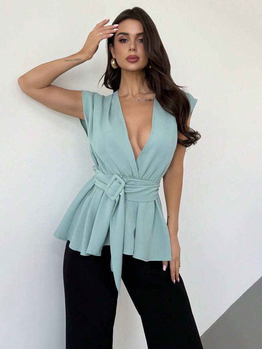 Firerie Women's Elegant Mint Green Summer Solid Color Ruched Waist Metal Buckle Bodycon Blouse,Minimalist Brunch Business Casual Shirt For Work,Daily,Wedding - Mint Green - View 1