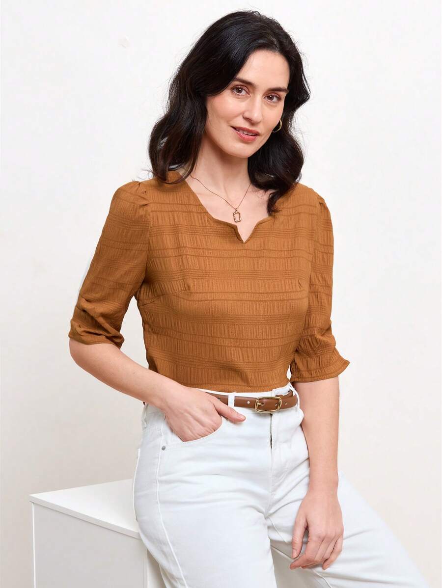 Miaspire Mulheres verão casual cor sólida texturizada plissada Camisa - Castanho - Visão 1
