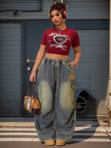 SHEIN ICON 大码女式工装口袋宽松阔腿牛仔裤 - 藍色 - 查看 6