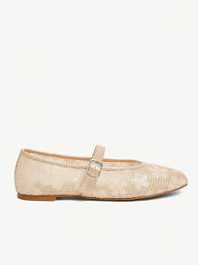CUCCOO CHICEST Women's Summer New Mesh Sequin Square Toe Flat Elegant Casual Champagne Mesh Flat Mary Jane Shoes For Afternoon Tea, Date, Elegant Outfit, School Style, Party