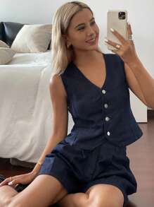 DAZY Women's Urban Style Denim Vest And Shorts 2 Pieces Set, Spring/Summer