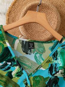 SHEIN LUNE Court Retro  Women Plus Size Ruched Waist Cinched Waist Fashion Print Long Dress - Green - View 3