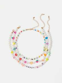 SHEIN ICON Conjunto de Colares Trançados Mistos de Pérolas Falsas com Frutas e Flores (Cor dos Contas Aleatoriamente Sortida)