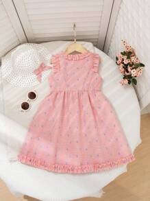 女童格纹彩色镂空荷叶边领荷叶边袖口韩版无袖公主 A 字裙，夏季